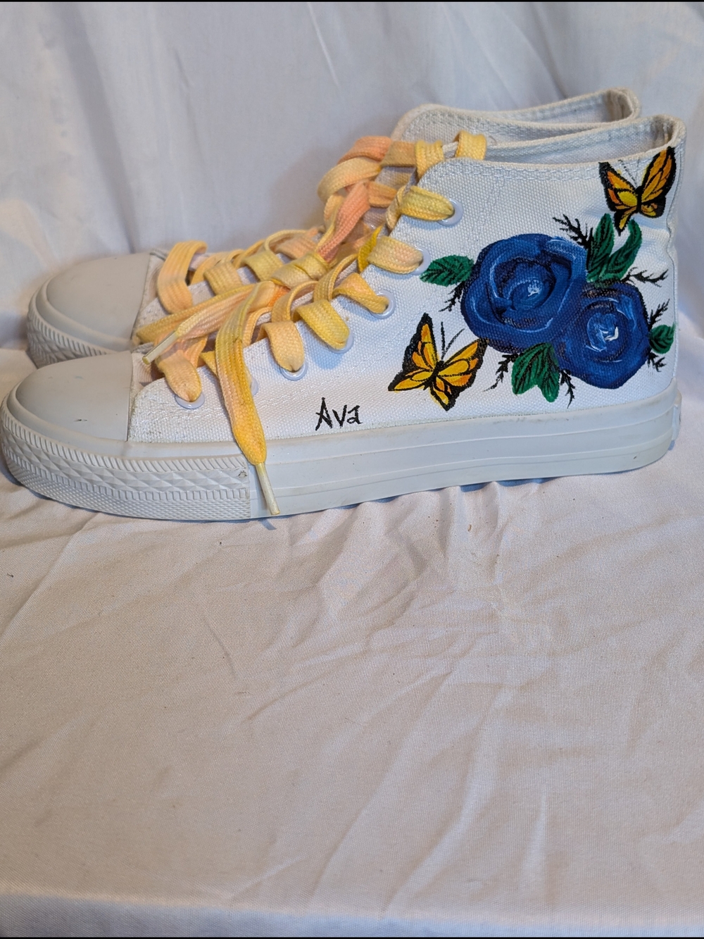 Hand Painted White Koko Art High-Tops with Blue Roses & Yellow Butterflies